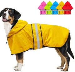 Dolitego dog raincoat shown from the front with its hood visible.