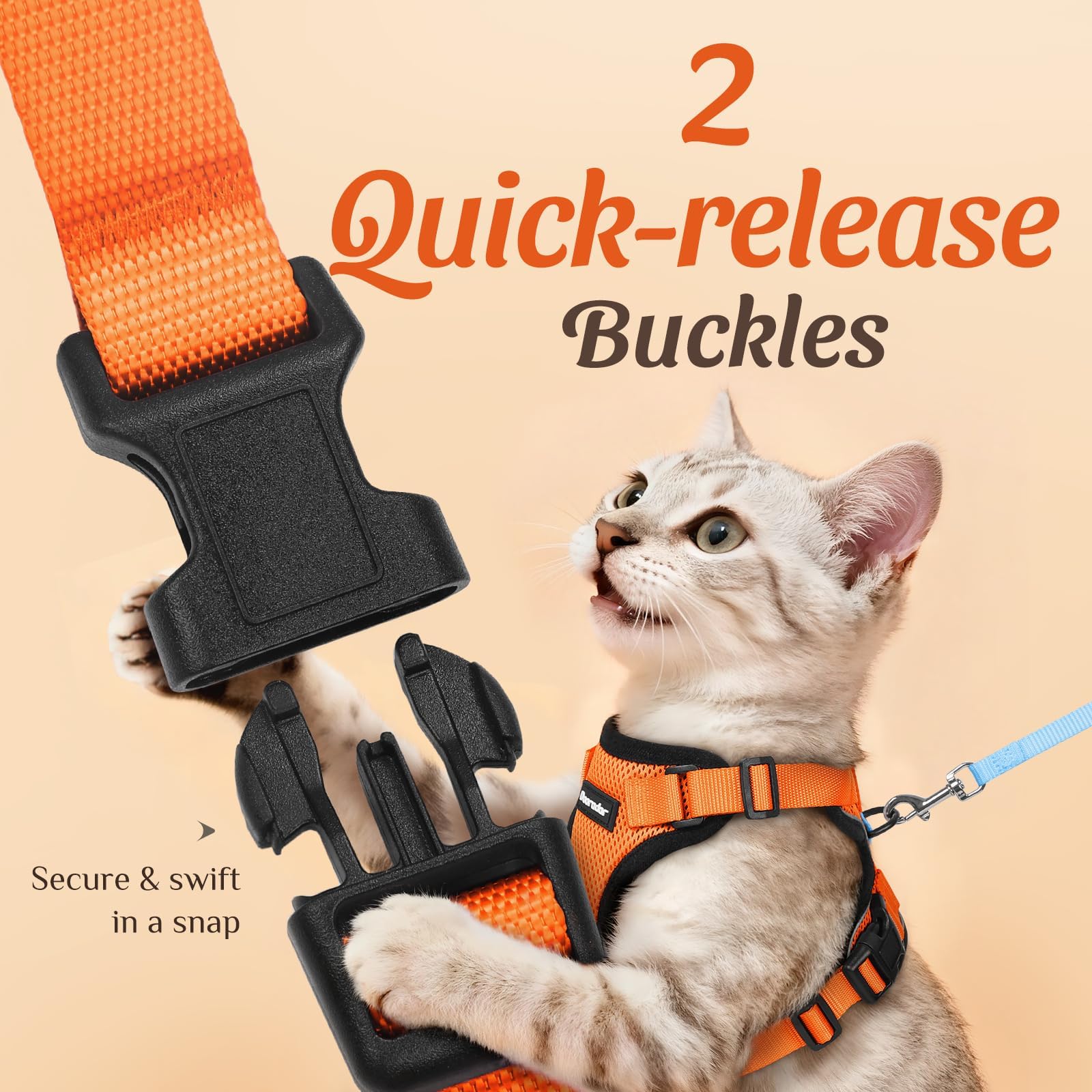 Dooradar cat harness showing its adjustable snaps and quick-release buckles.