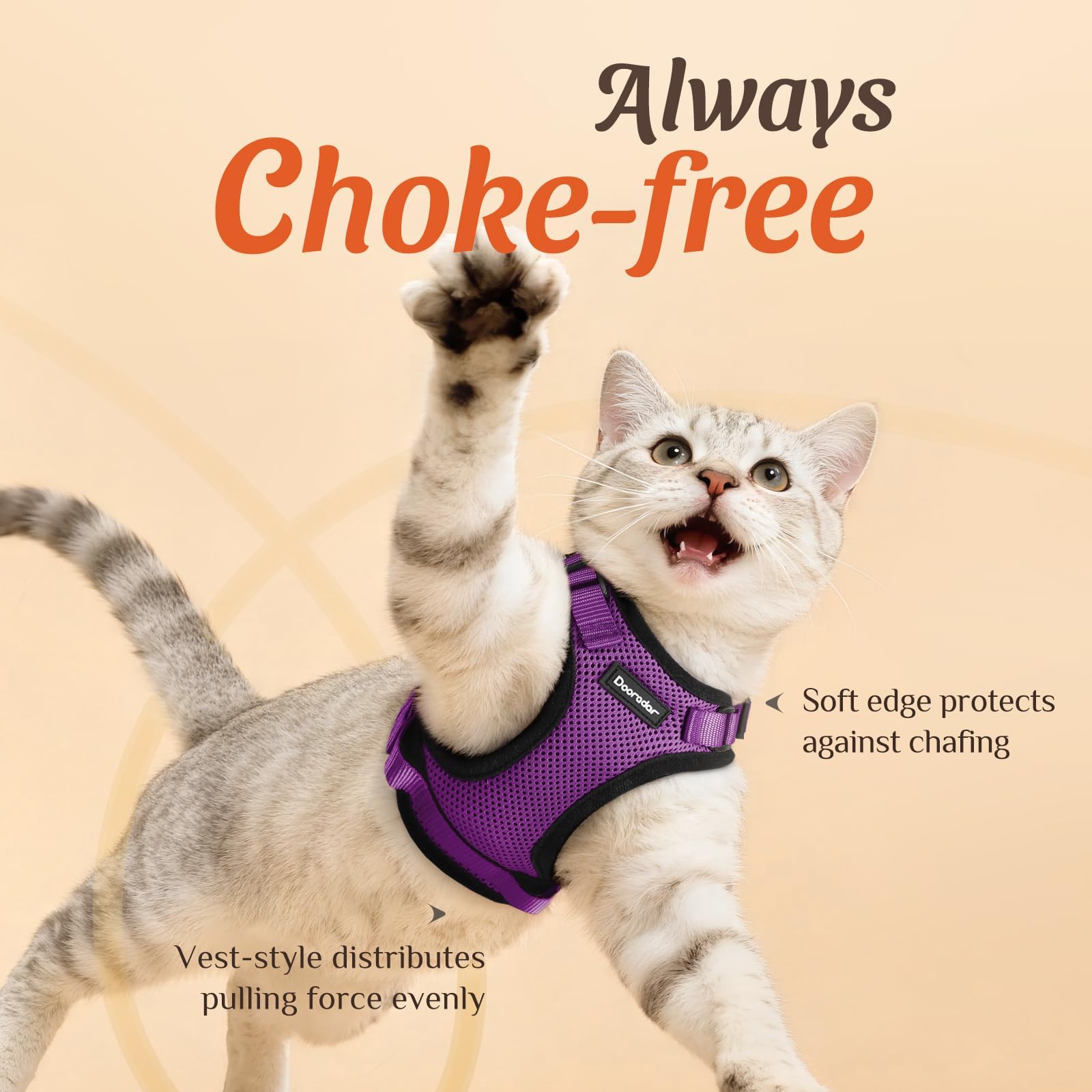 Dooradar cat harness showing the back D-ring leash attachment.
