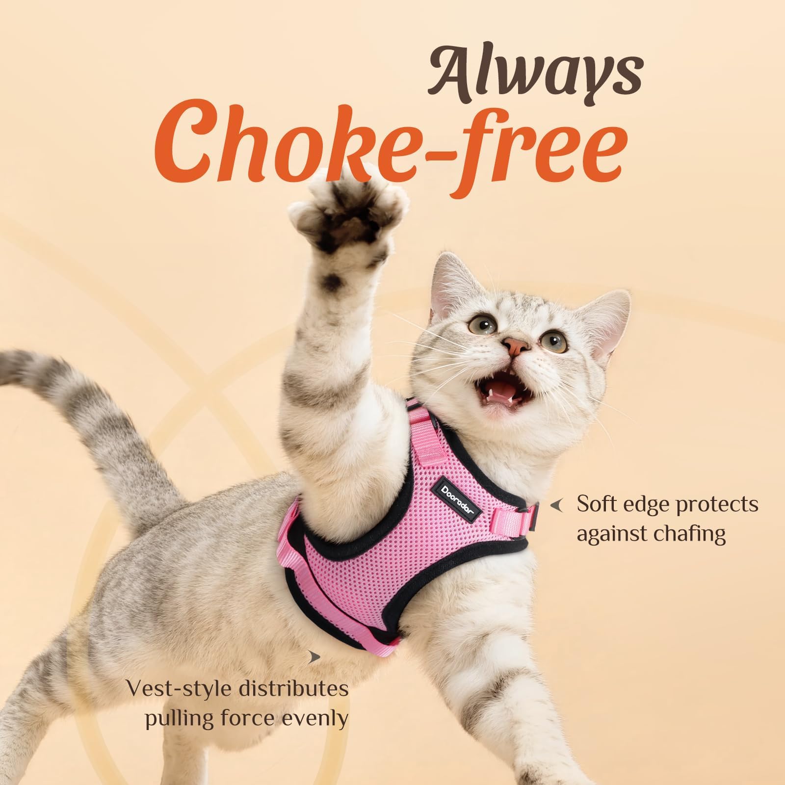 Dooradar cat harness close-up showing breathable mesh and foam padding.