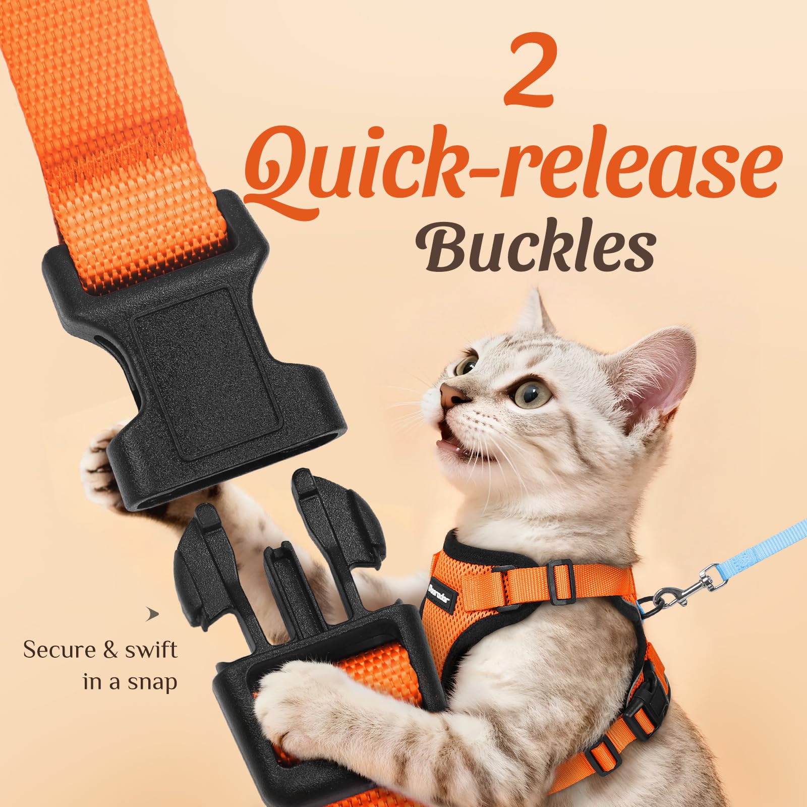 Dooradar cat harness close-up showing the chest quick-release buckles.
