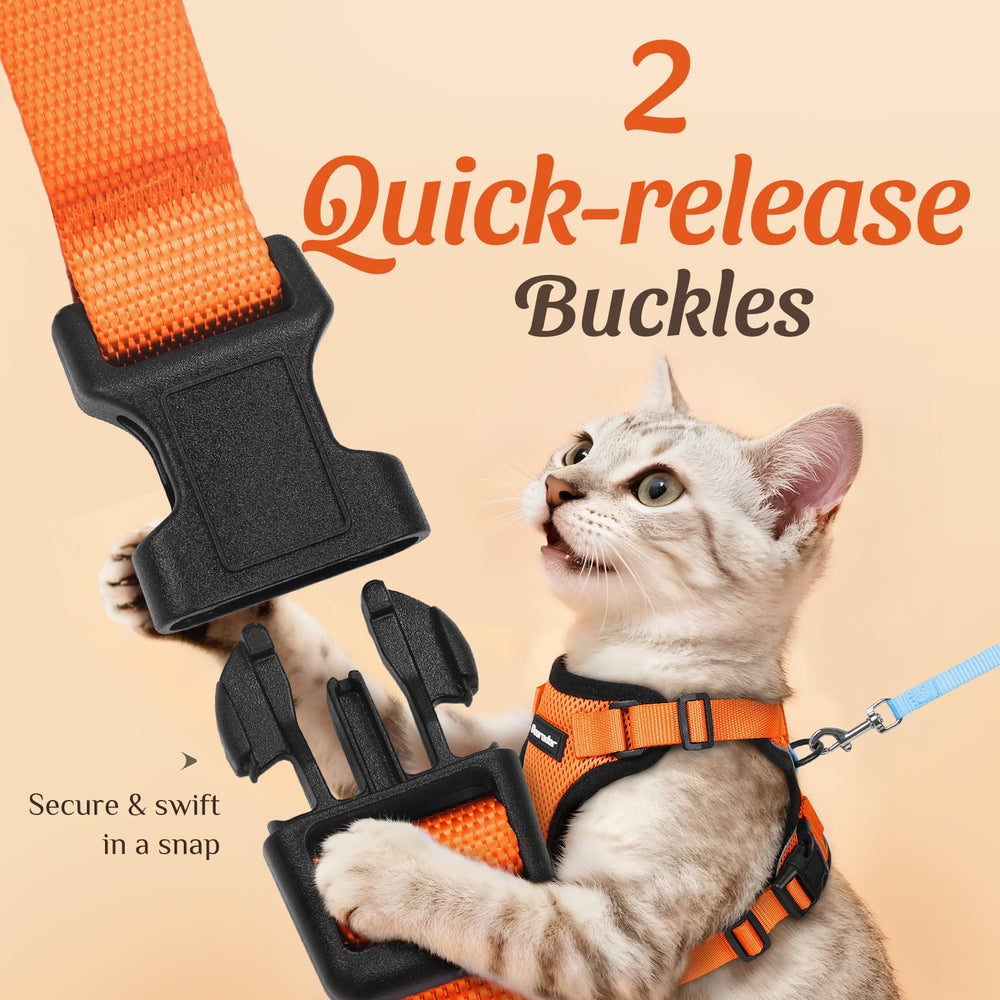 Dooradar cat harness close-up showing the chest quick-release buckles.