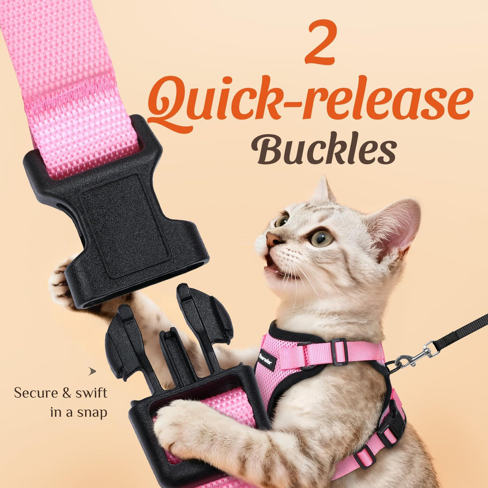 Dooradar cat harness close-up showing its bright reflective strips.