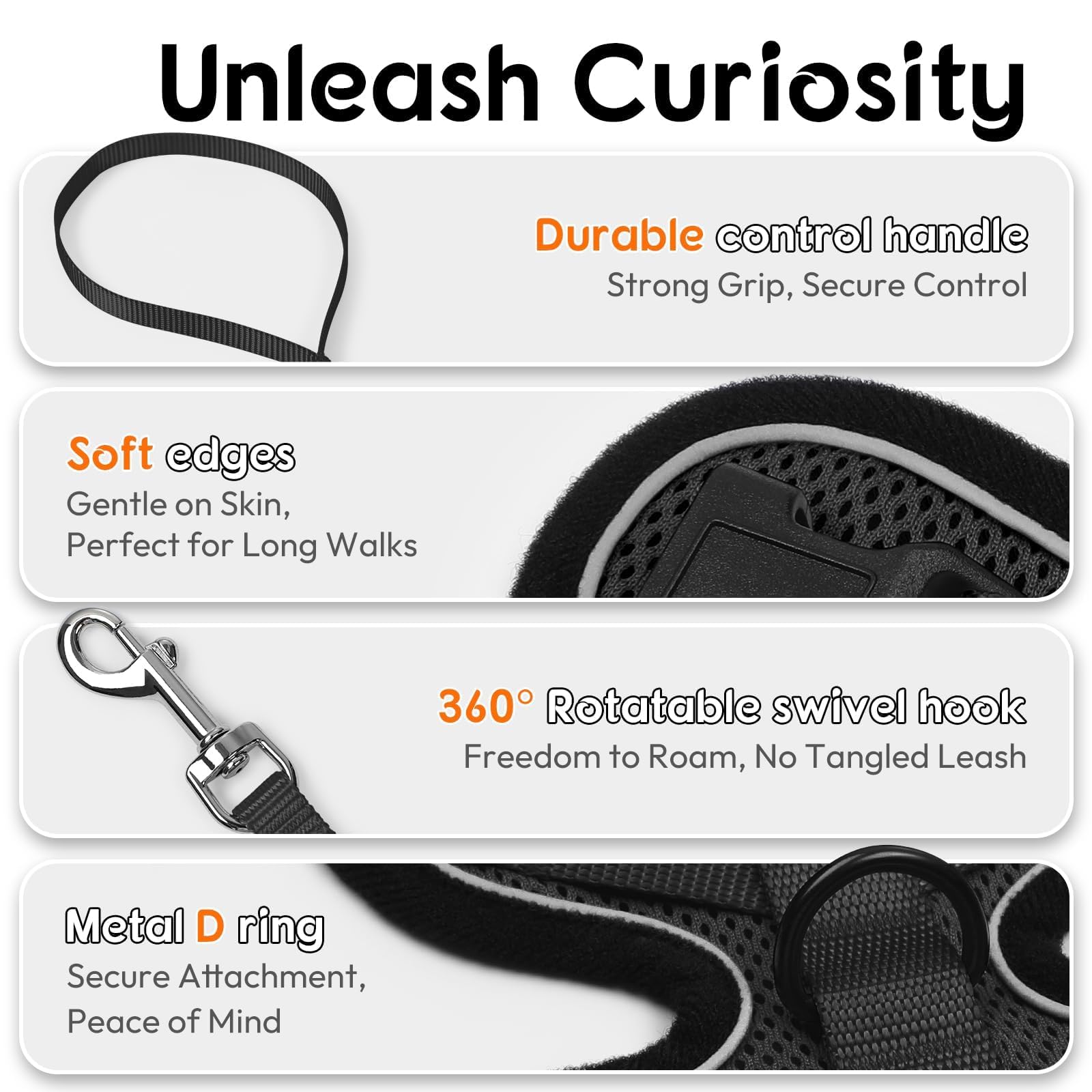 Dooradar cat leash close-up showing the 360-degree rotating clip.