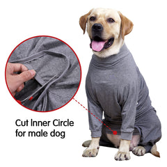 Dotoner dog recovery suit showing its long sleeves and leg coverage.