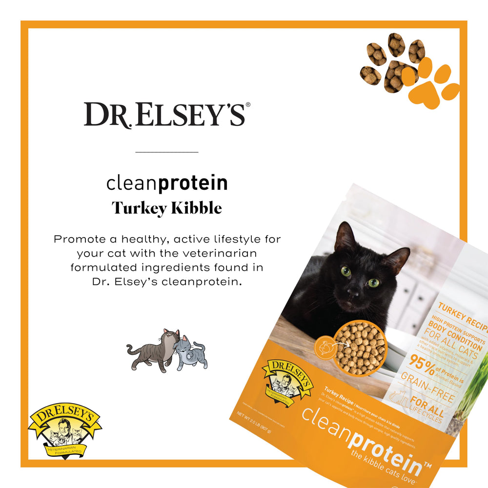 Dr. Elsey's cleanprotein Turkey cat kibble grain-free feature on the package.