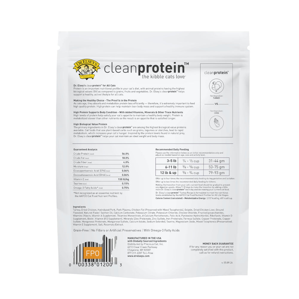 Dr. Elsey's cleanprotein Turkey cat kibble package shown from the back.
