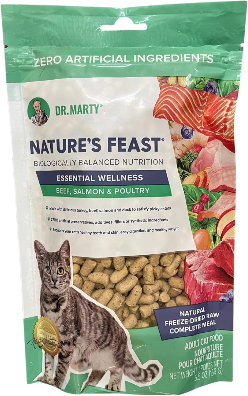 Dr. Marty Nature's Feast dry cat food shown from the front.