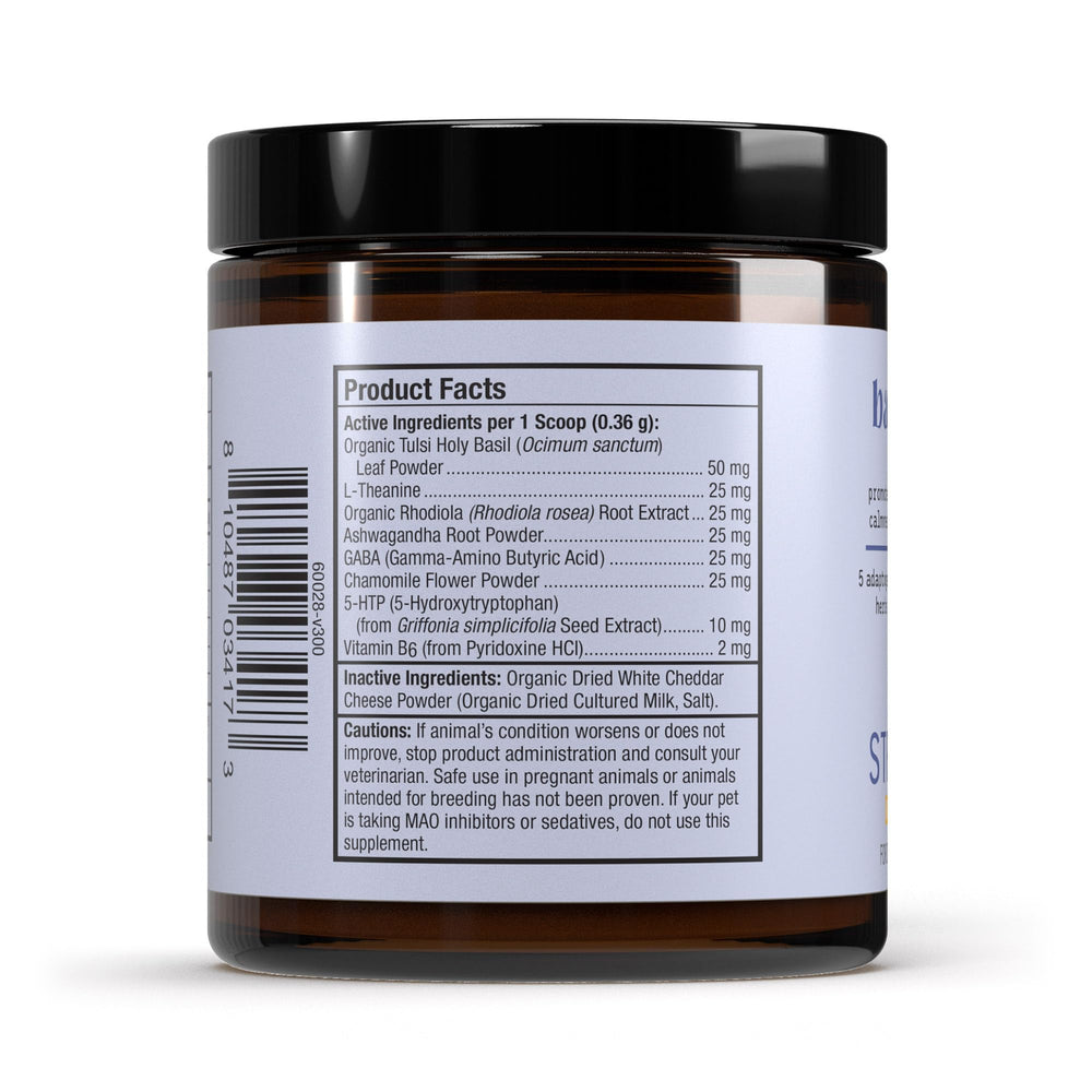 Dr. Mercola Bark & Whiskers Stress Support label shown in close detail.