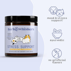 Dr. Mercola Bark & Whiskers Stress Support showing the 102-scoop quantity.