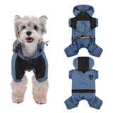 Duuclume dog coat shown from the front in blue with its full-body winter cut.