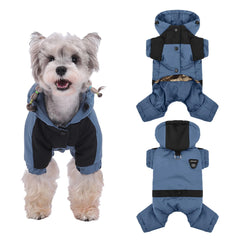 Duuclume dog coat shown from the front in blue with its full-body winter cut.