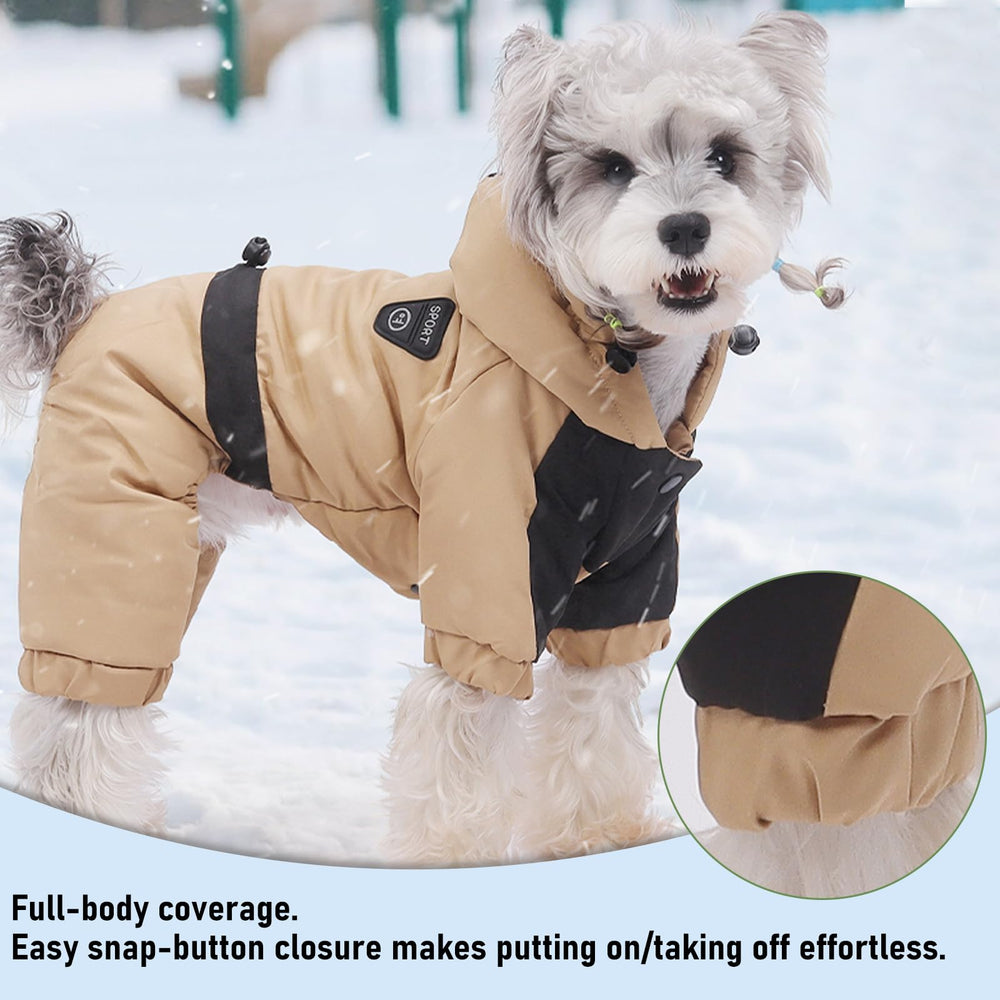 Duuclume dog coat detail showing the snap-button closure and metal leash D-ring.
