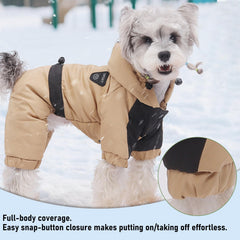 Duuclume dog coat detail showing the snap-button closure and metal leash D-ring.