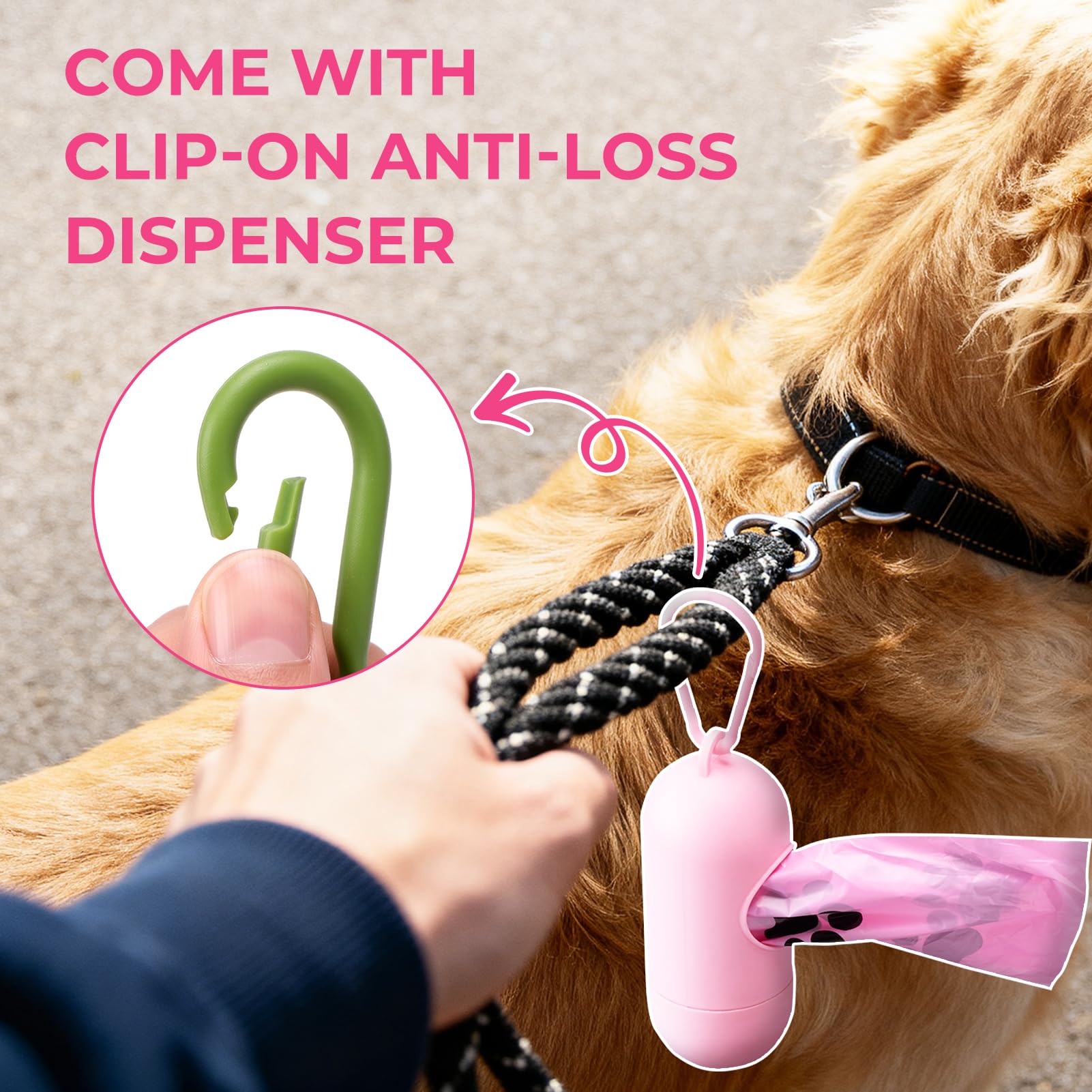 Dyforce dog poop bags shown being used for pet cleanup on a walk.