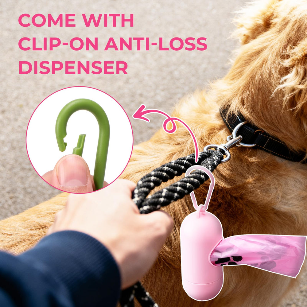 Dyforce dog poop bags shown being used for pet cleanup on a walk.