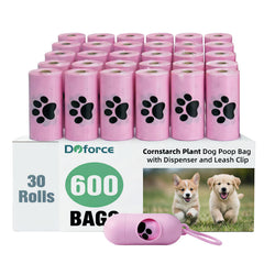 Dyforce dog poop bags shown with the pink dispenser as a complete set.