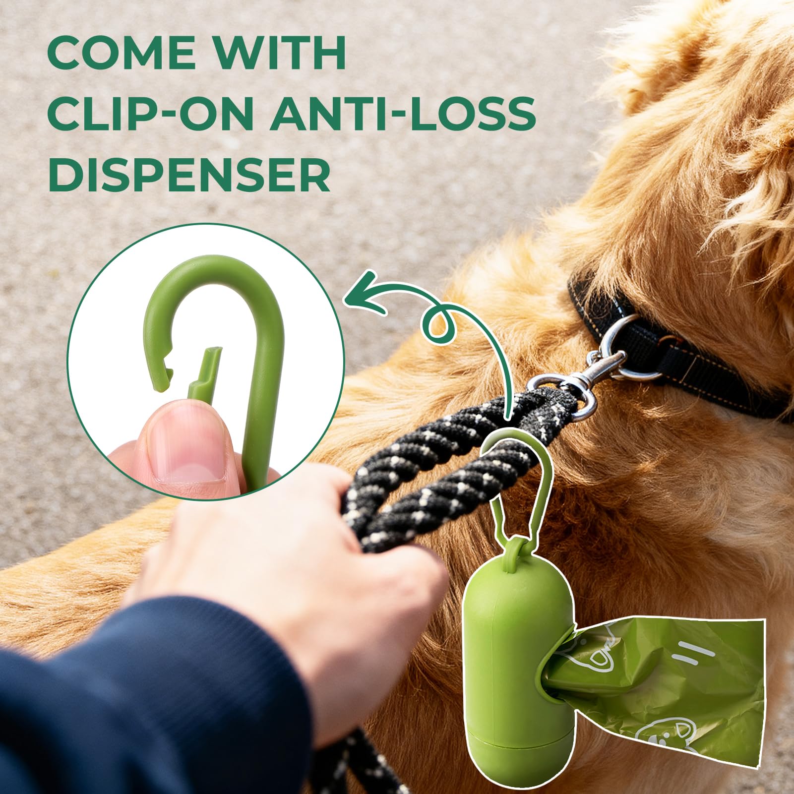 Dyforce dog poop bags dispenser carried on a leash for a walk.