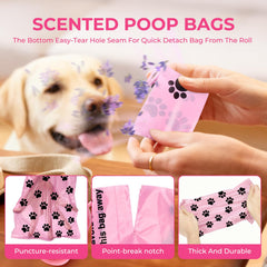 Dyforce dog poop bags shown with the pink portable dispenser.