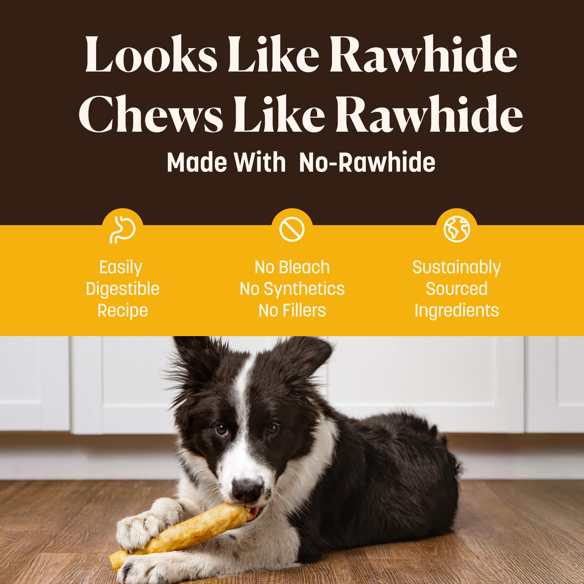 Earth Animal No-Hide Dog Chews with the recipe ingredients shown.