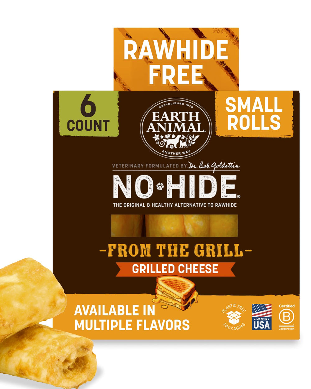 Earth Animal No-Hide Small Rolls package front showing the Grilled Cheese variety.
