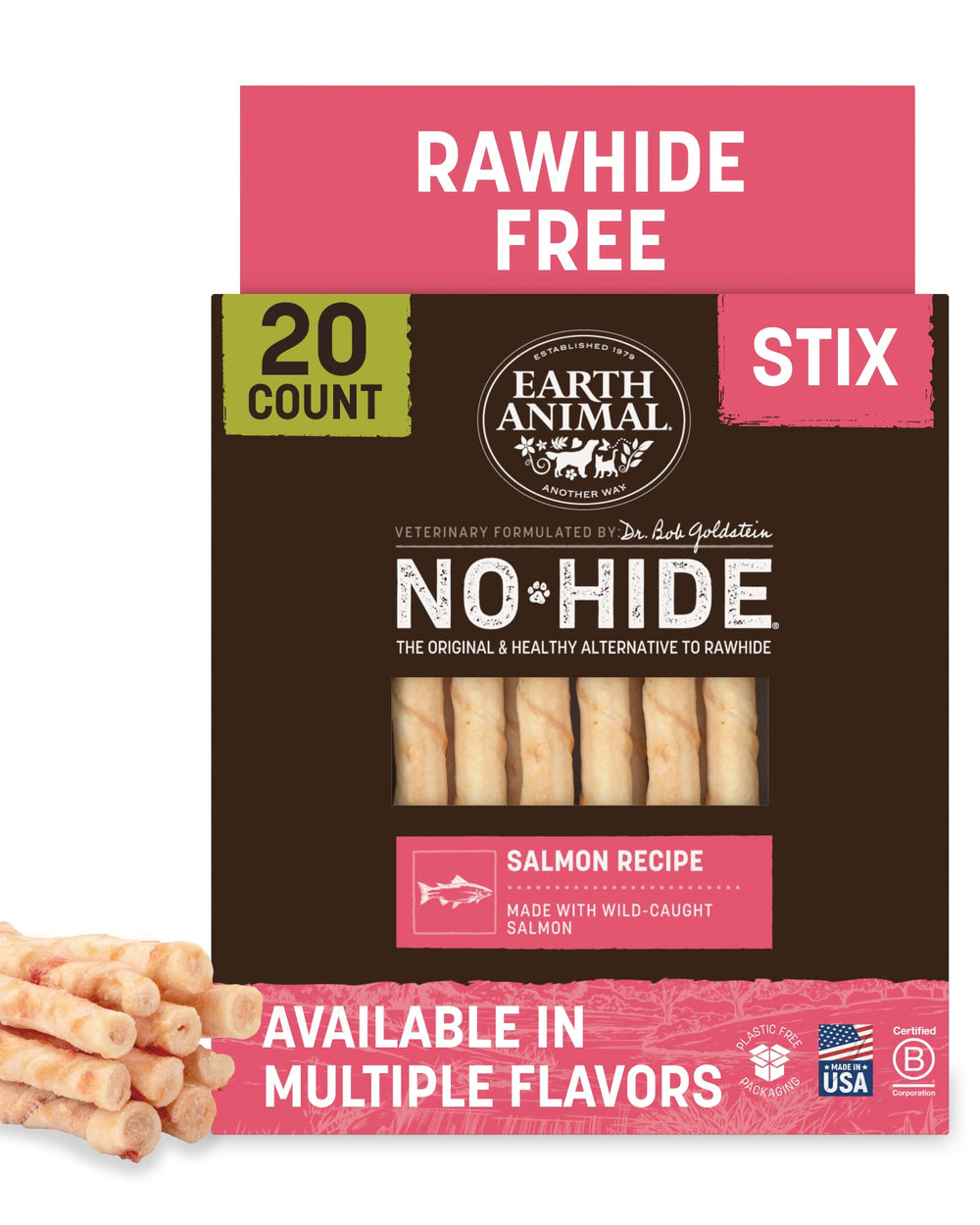 Earth Animal No-Hide Stix Salmon package shown from the front.