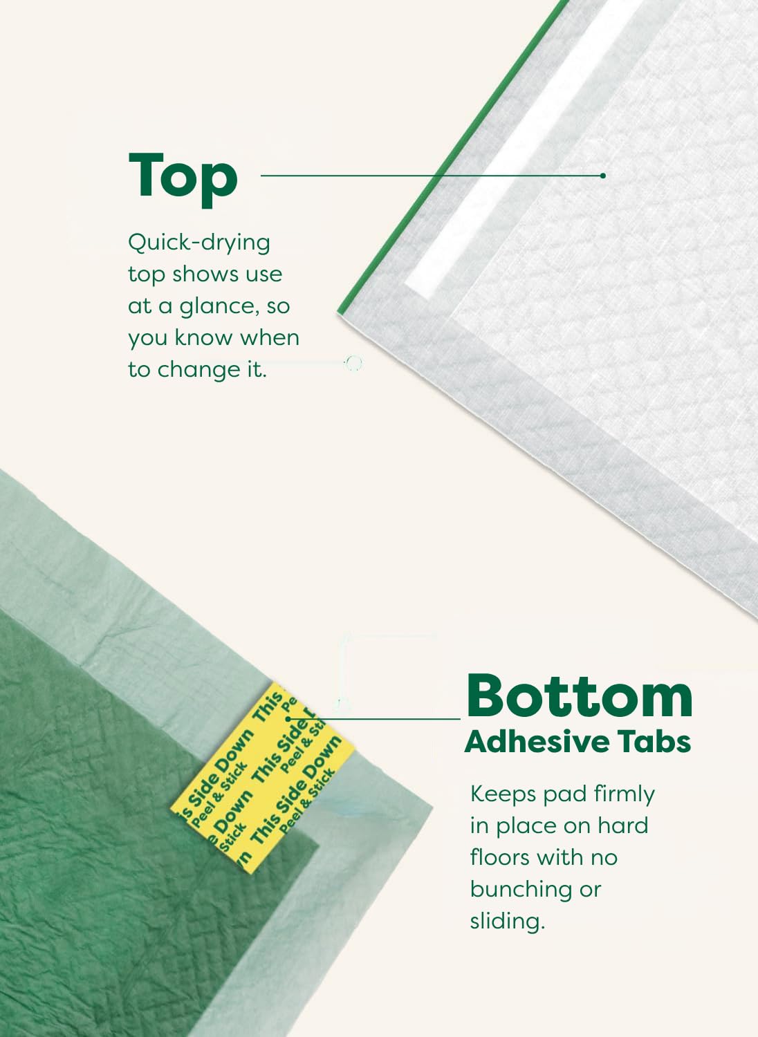 Earth Rated puppy pee pad adhesive tab shown in close-up.