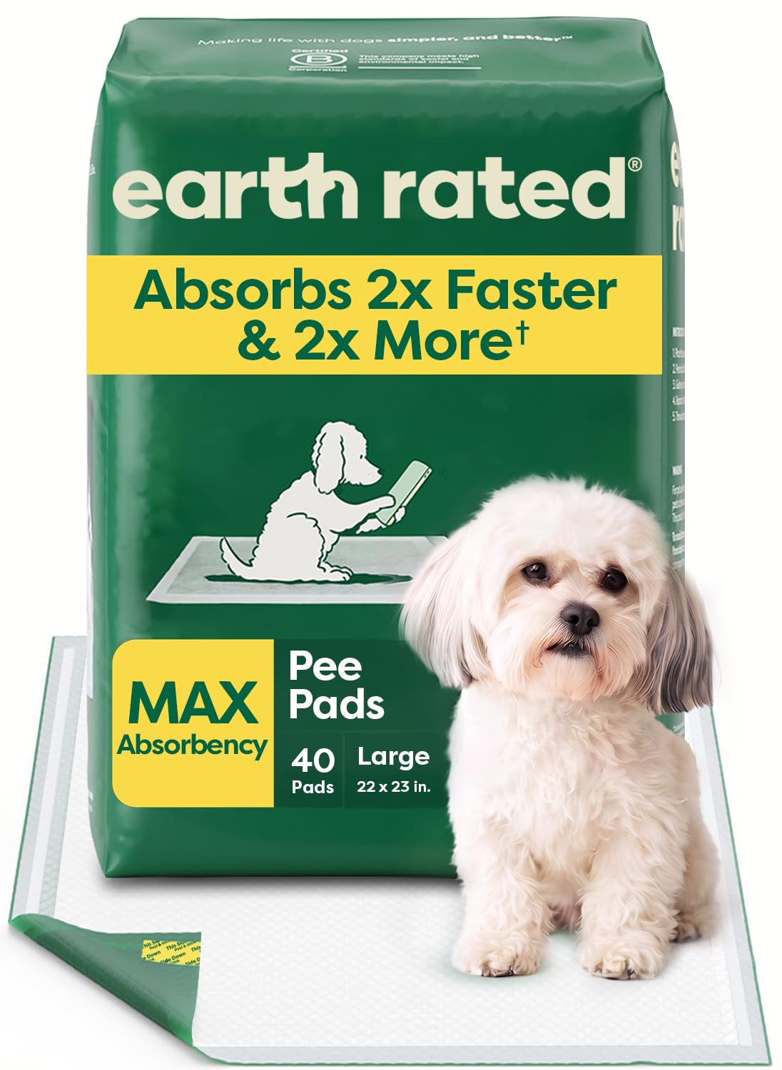 Earth Rated puppy pee pads shown with the package front in view.
