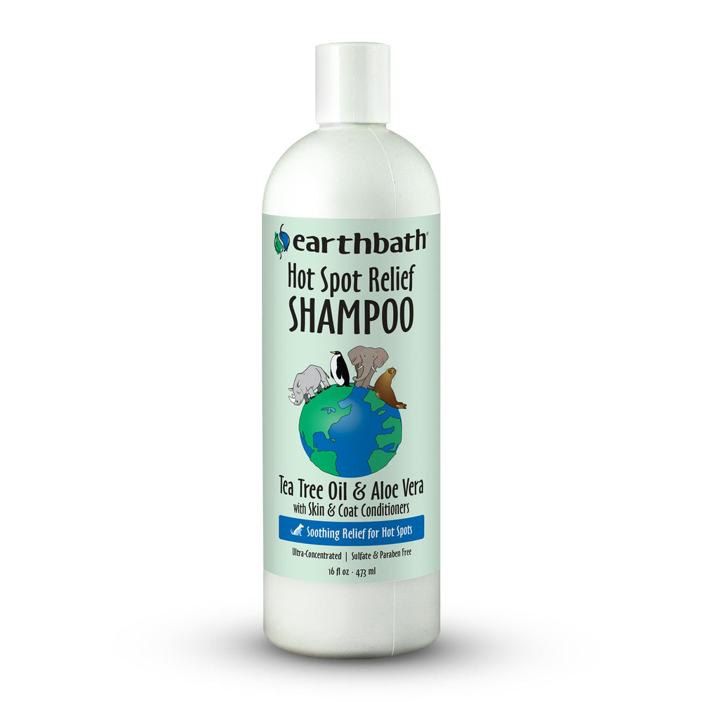 Front view of earthbath Hot Spot Relief Pet Shampoo packaging.