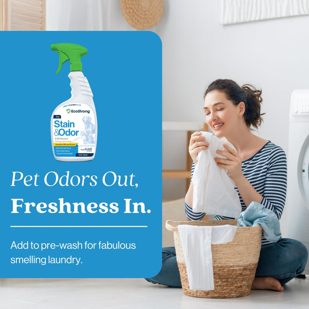 Eco Strong Pet Stain and Odor Remover shown for hardwood and tile surfaces.