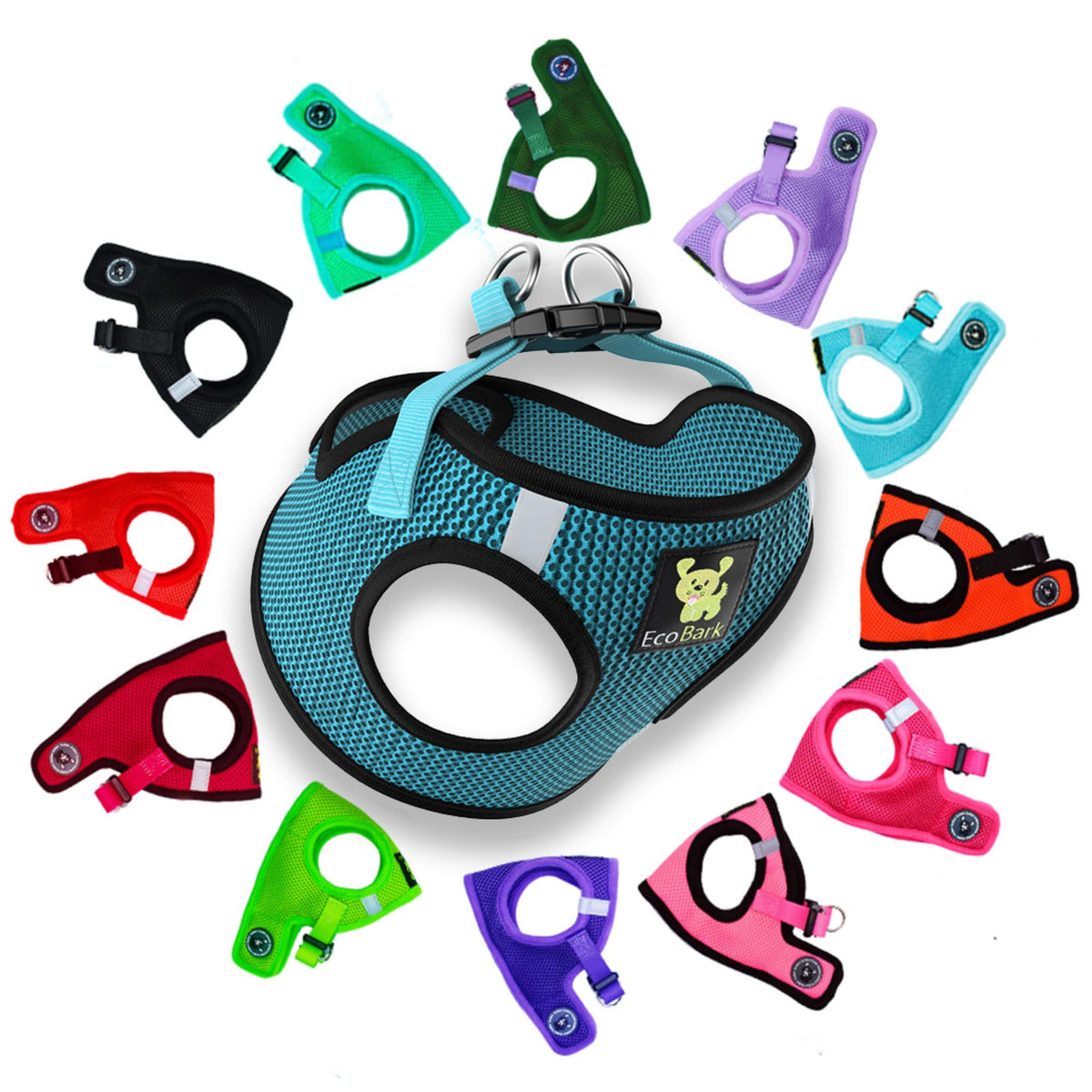 EcoBark step-in dog harness shown from the front in aqua blue.