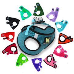 EcoBark step-in dog harness shown from the front in aqua blue.