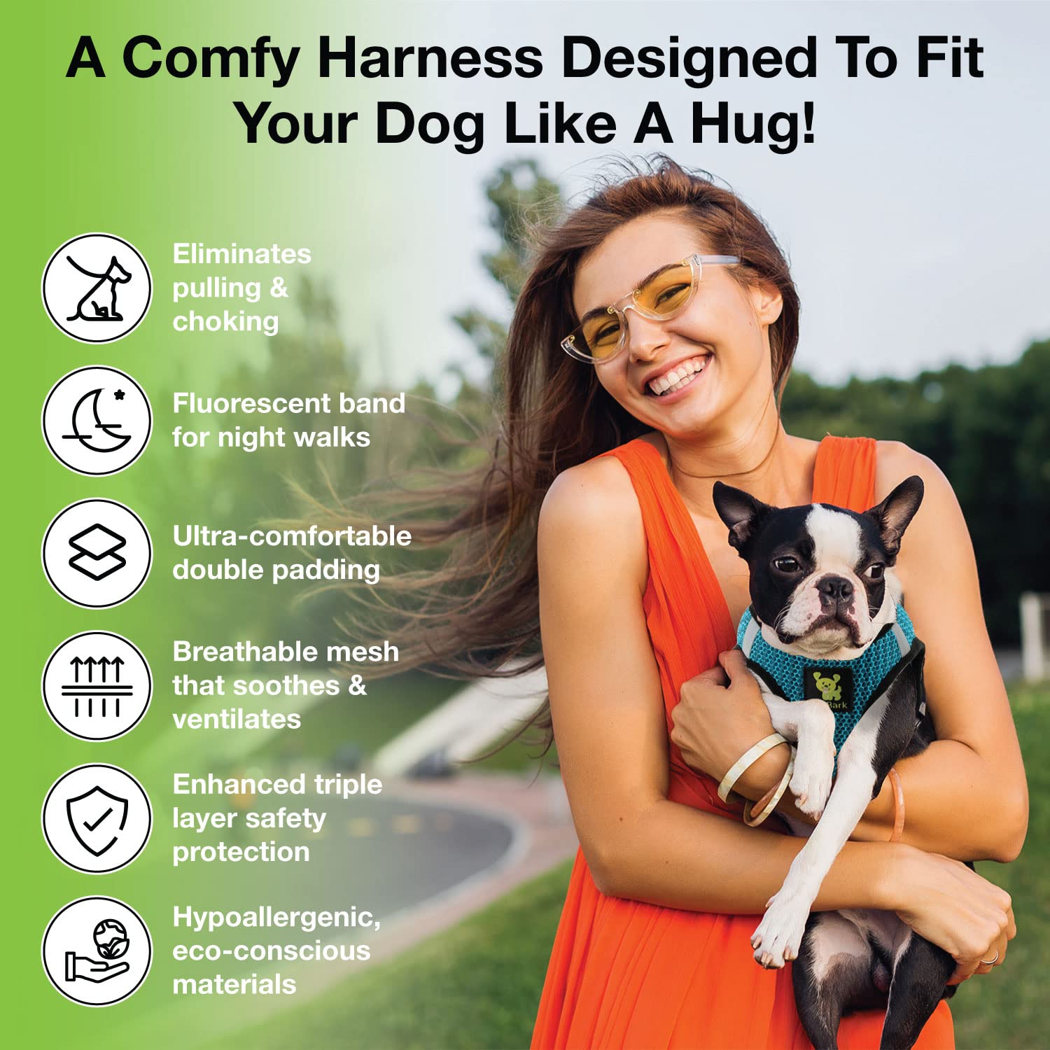 EcoBark step-in dog harness close-up showing its double-layer mesh.