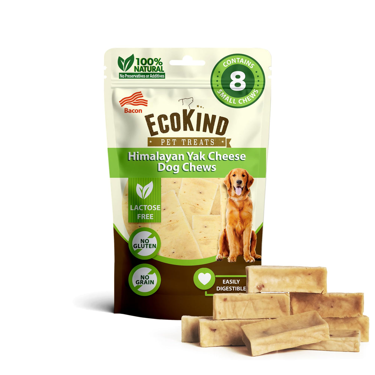 EcoKind Bacon Yak Chews shown from the front.