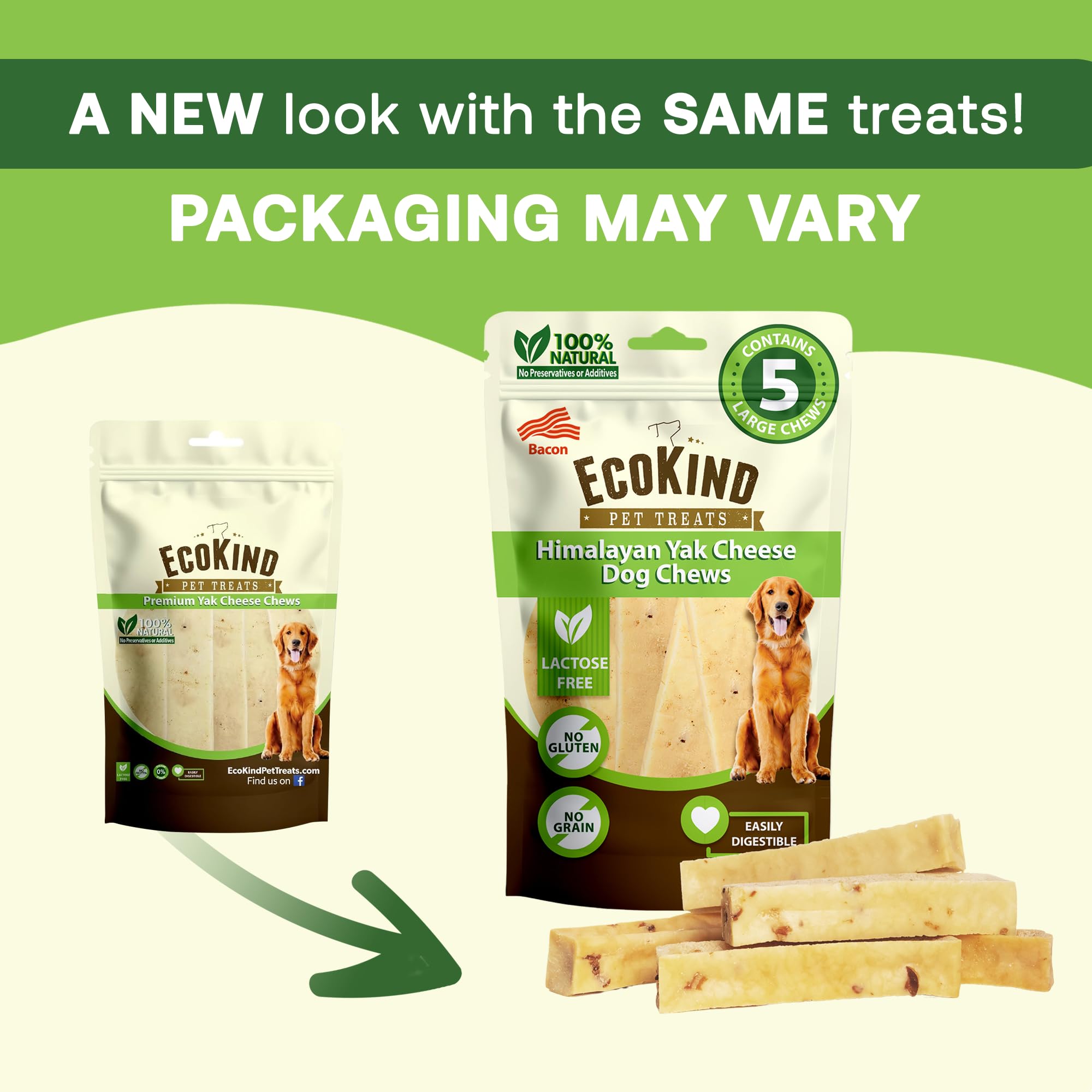 EcoKind Bacon Yak Chews packaging showing ingredient information.