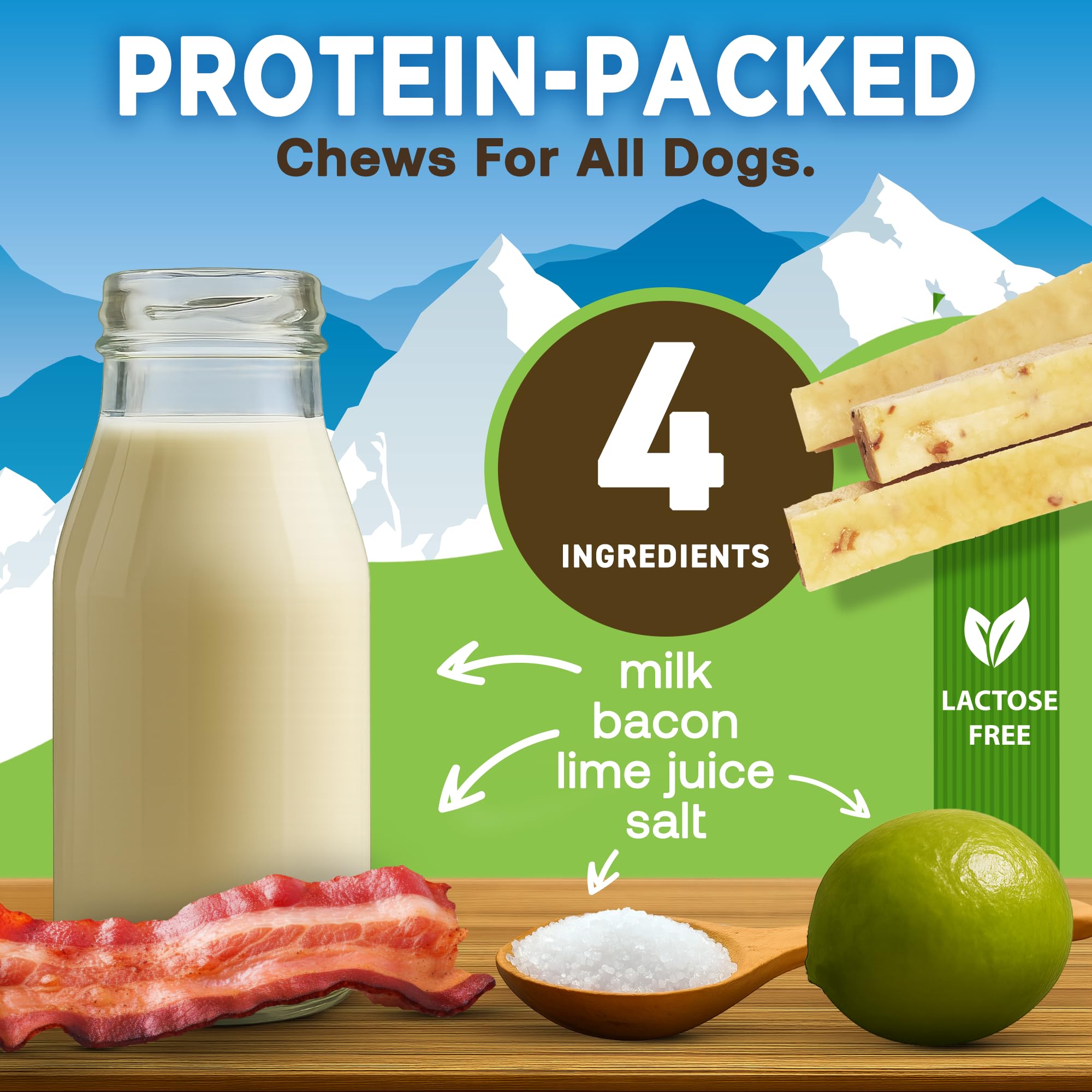 EcoKind Bacon Yak Chews shown with their product packaging.