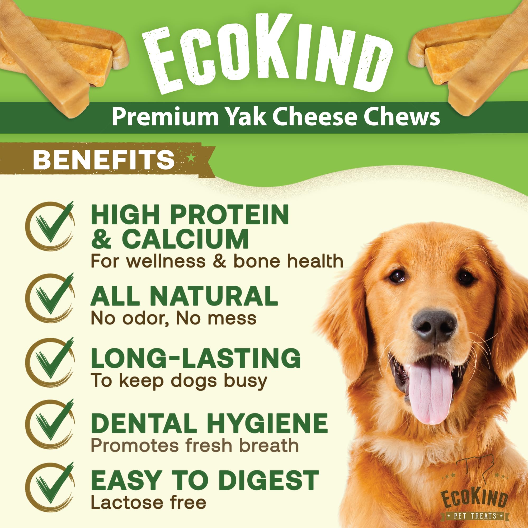 EcoKind yak cheese dog chews showing the four bones in the pack.