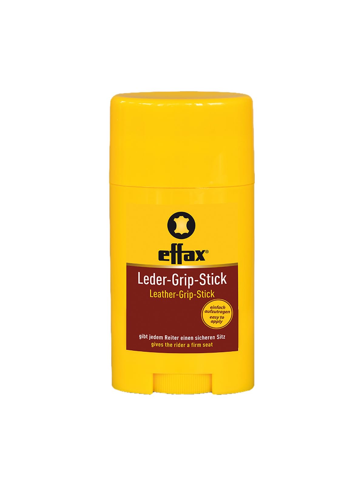 Effax Leather Grip Stick shown from the front in its brown stick format.