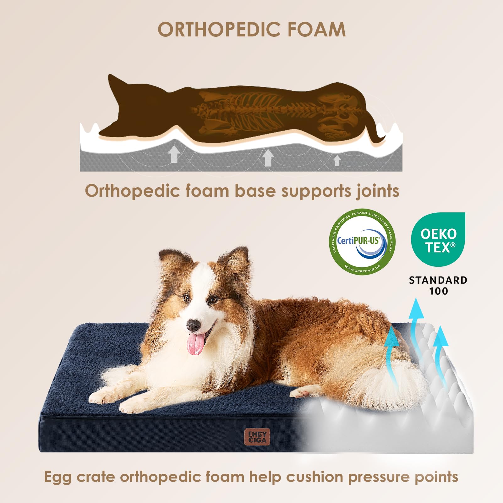 EHEYCIGA orthopedic dog bed positioned inside a kennel or crate.