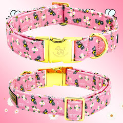 Elegant little tail dog collar detail showing the decorative bee-print bow.