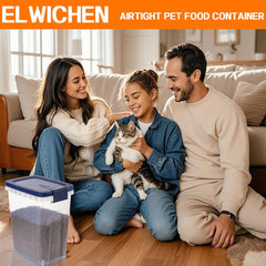 Elwichen pet food container in its royal blue color.