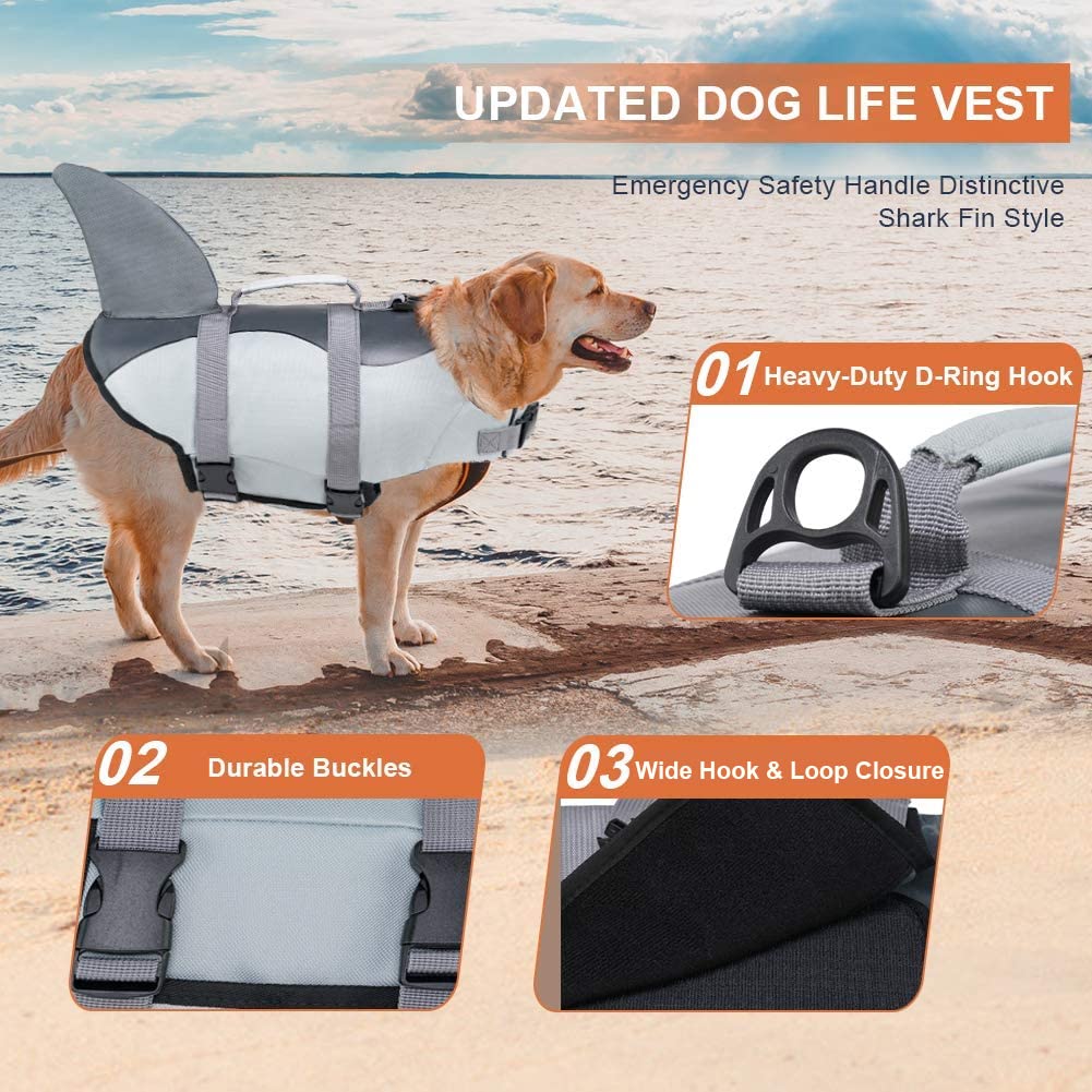 EMUST Dog Life Jacket Shark showing the adjustable belt and quick-release buckles.