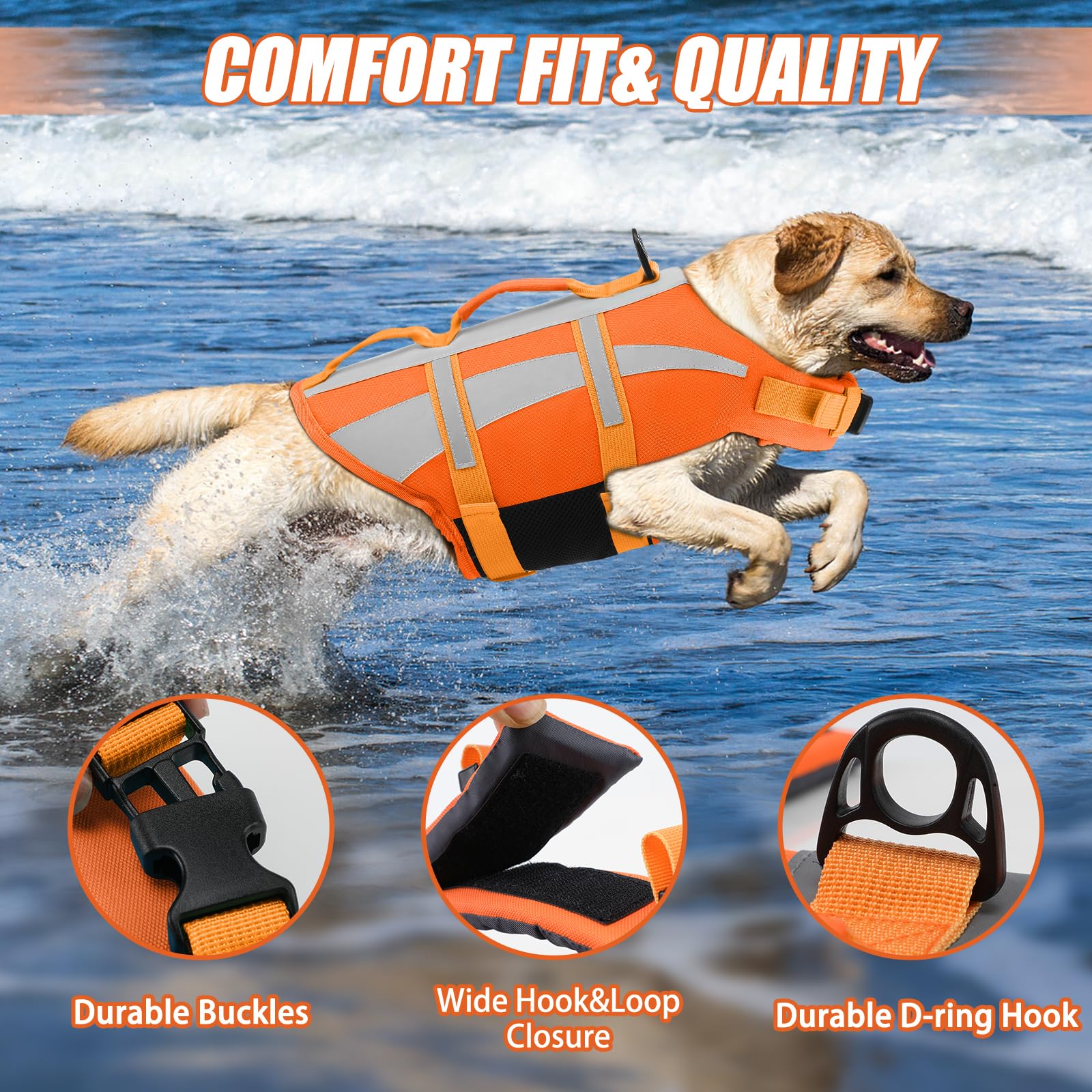 Adjustable straps on the EMUST dog life jacket.