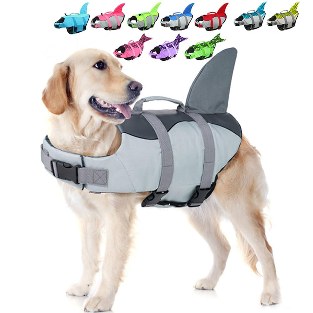 EMUST Dog Life Jacket Shark shown from the front in grey.
