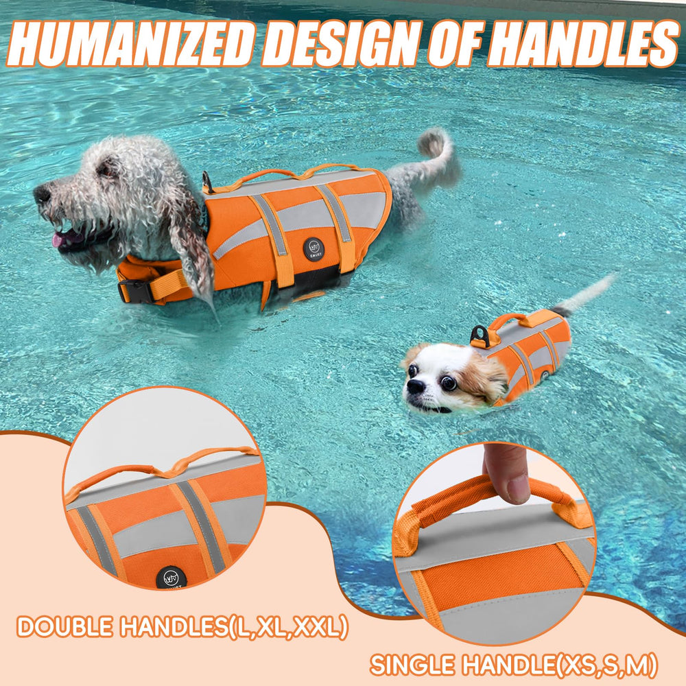 EMUST dog life jacket shown from a rear angle.