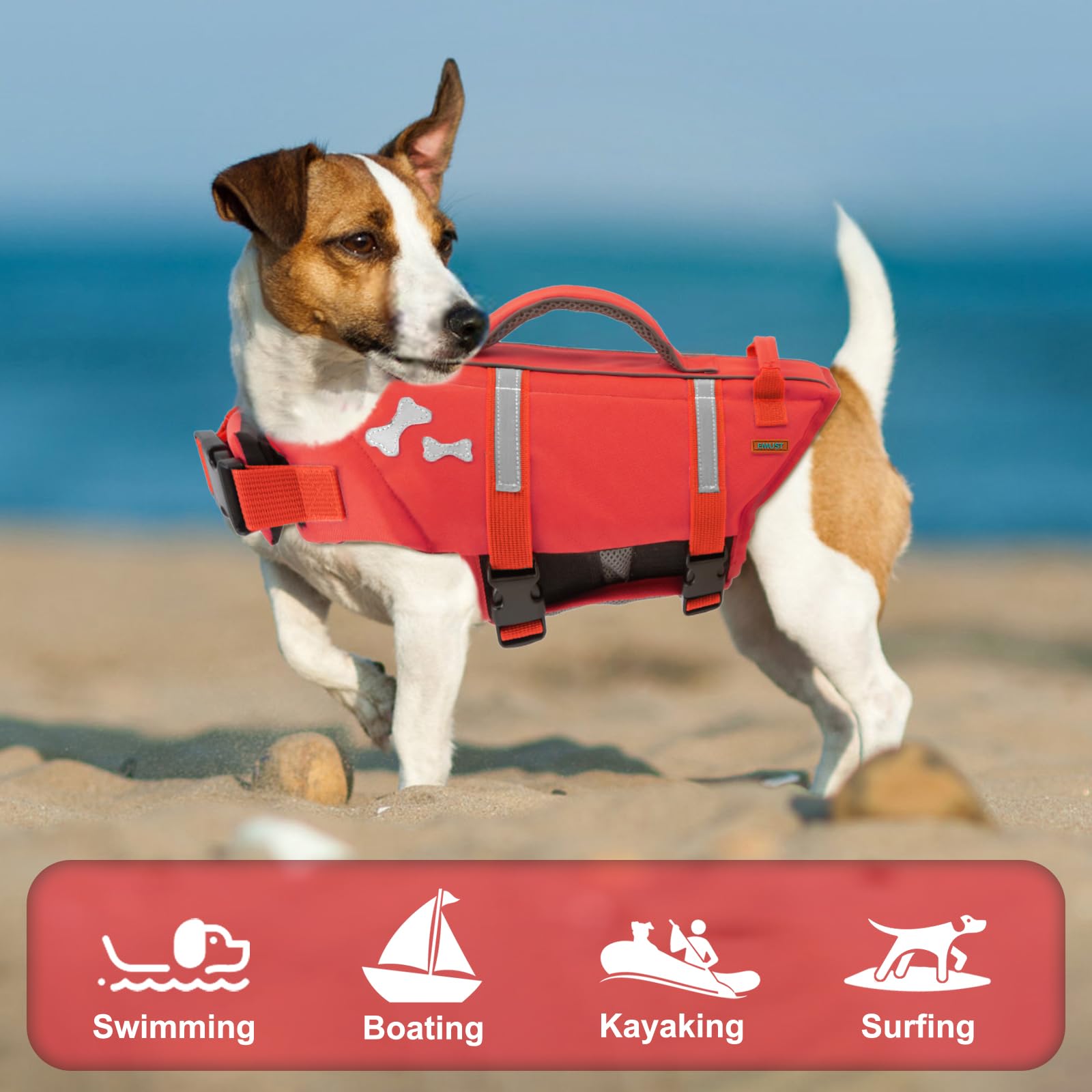 EMUST Dog Life Jacket close-up showing reflective strips and bone pattern.