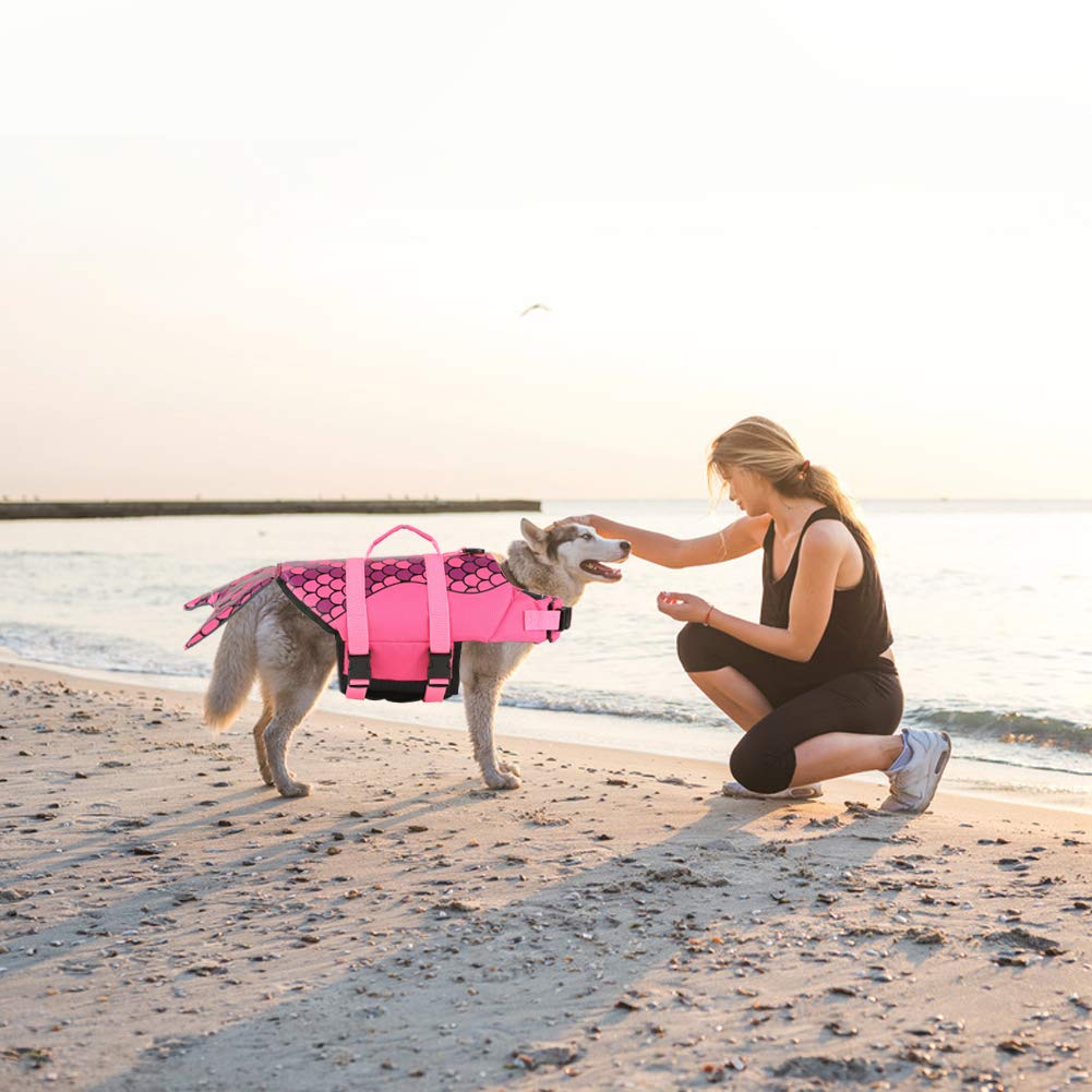 EMUST dog life jacket detail showing its reflective stripes and bright color.