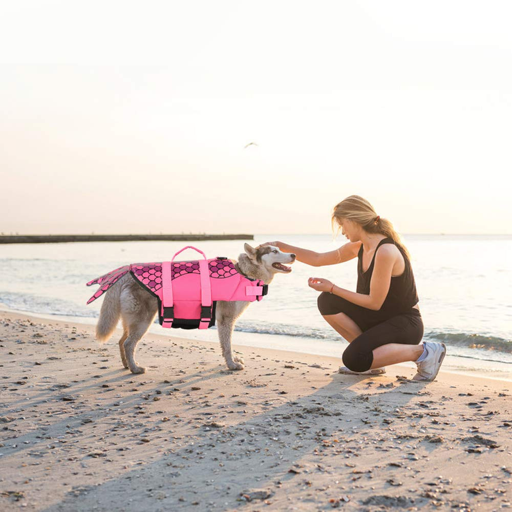 EMUST dog life jacket detail showing its reflective stripes and bright color.