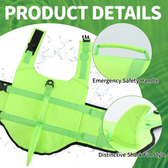 EMUST dog life jacket with the top rescue handle in focus.
