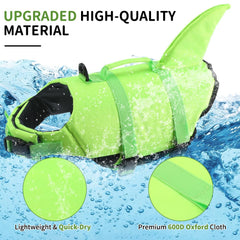 EMUST dog life jacket showing its shark-inspired shape.